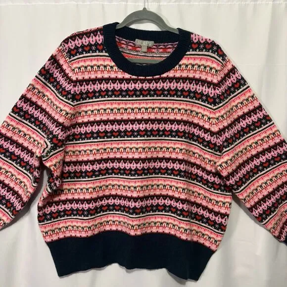 J Crew Women’s Fair Isle Winter Sweater Pink Blue Heart Nordic Sz 2X Wool Blend - Picture 2 of 9